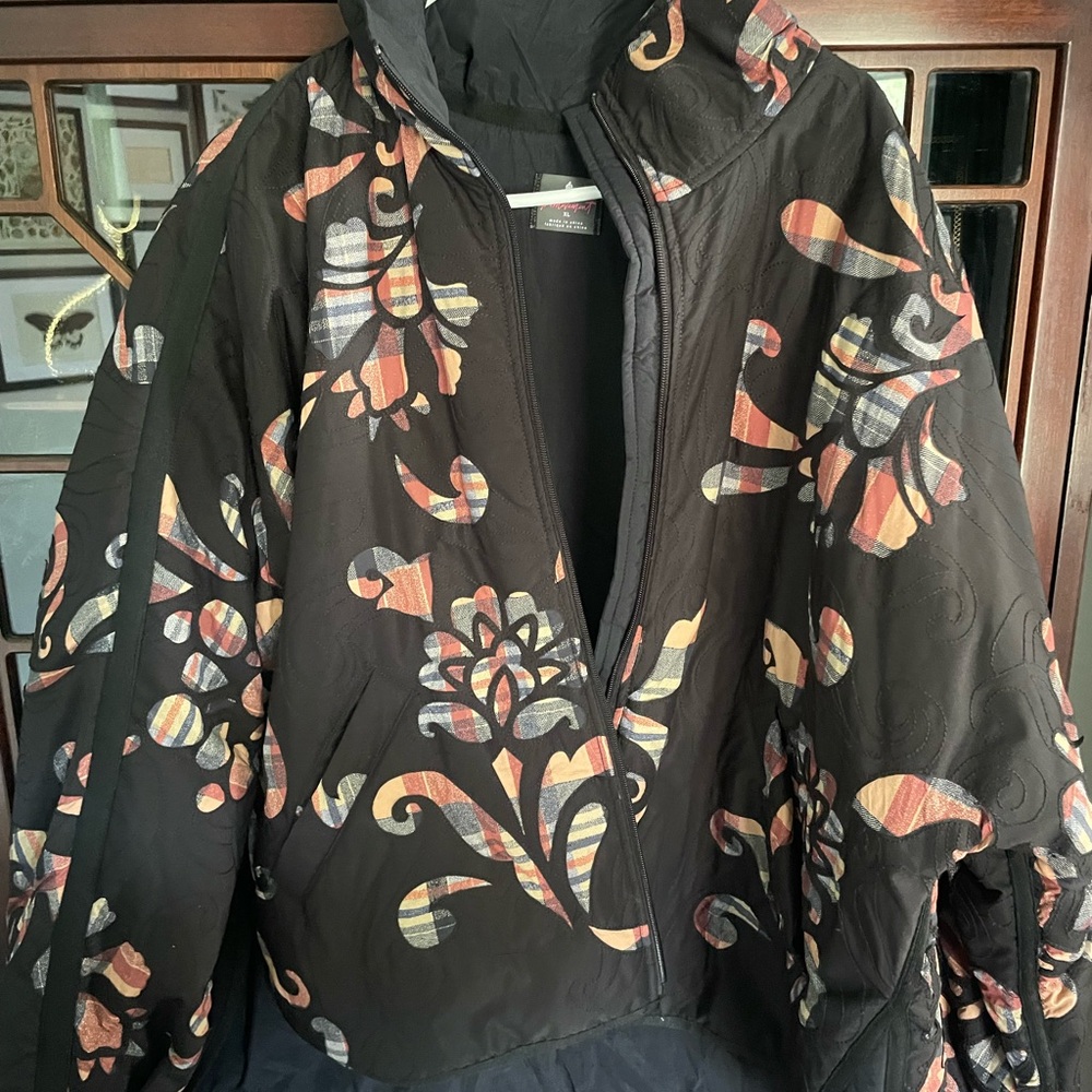 Free People Reverse Appliqué Puffer Black Floral Puffer Jacket - Picture 3 of 5